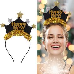 a woman wearing a happy new year crown