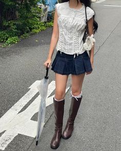 Jean Skirt And White Button Up, Outfits With Pleated Denim Skirts, Beige Skirt White Top Outfit, Mini Skirt And Coat Outfit, Mini Skirt Outfit Boots, Boots Inspo Outfit, Shorts And Knee High Socks, 2025 Outfits Spring, Cute Fits With Skirts