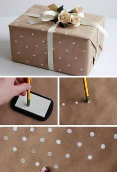 a gift wrapped in brown paper with white polka dots and a pencil sticking out of it