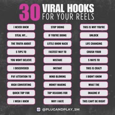 the 30 virtual hooks for your reels are shown in pink and black, on a dark