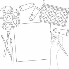 a person holding a pencil and drawing on paper with other art supplies surrounding it in black and white