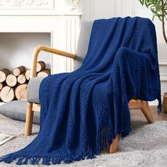 PRICES MAY VARY. READ MADE: Woven of 100% acrylic, 50 inches wide by 60 inches long, color navy blue. ClASSIC DESIGN: The throw blanket features an elegant decorative fringe for added flair. It's the perfect addition to living room, guestroom, bedroom, nursery, RVs, dorm and more. SOFT & COMFY: It is relatively soft with a good thickness. Great for snuggling up in for an evening of your favorite show. It's lightweight breathable - perfect for a cozy wrap without being too bulky or hot. VERSATILE Light Blue Furniture, Bohemian Style Rooms, Cable Knit Throw Blanket, Blue Chairs, Beige Throws, Orange Chair, Blue Throw Blanket, Soft Sofa, Summer Blanket