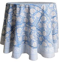 a blue and white table cloth with an intricate design on the top, in front of a white background