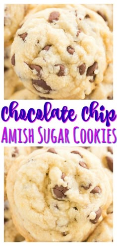 chocolate chip amish sugar cookies stacked on top of each other with text overlay