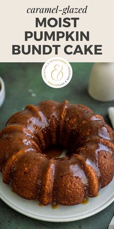 a bundt cake on a white plate with caramel glaze in the middle