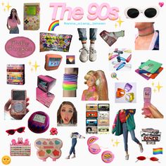 a collage of the 90's and 80's items are featured in this image