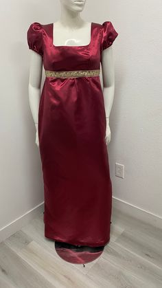 Nice and elegant evening gown perfect for costume or dress up party, made with burgundy satin and a beautiful organza ribbon with sequins over the empire waist short sleeve and zipper on the back , , this dress is made to order with the same material as pictured, THERE IS NO RETURNS OR EXCHANGES ACCEPTED PLEASE BE SURE TO CHECK THE MEASUREMENTS ON THE BOTTOM OF THE DESCRIPTION. If for any reason the measurements don't match with yours be sure to provide to me at the time of order. SMALL / BUST / A Line Empire Dress, Red Princess Style Evening Dresses, Red Princess Evening Dress, Elegant Burgundy Dress For Costume Party, Regency Style Gown With Fitted Bodice For Party, Regency Dresses, Regency Clothing, Elegant Evening Gown, Dress Up Party