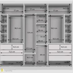 an image of a closet with measurements for the drawers and shelves in it, including height