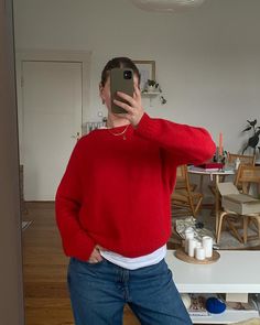 Red Crew Neck Sweater Outfit, Red Jumper Outfit Aesthetic, Red Oversized Sweater Outfit, Red Polo Sweater Outfit, How To Style A Red Sweater, Red Knitted Sweater Outfit, Red Cropped Sweater Outfit, Sweater Rojo Outfit, Oversized Red Sweater Outfit