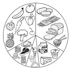 a plate with different foods on it, including fruits and vegetables in the middle one is black and white