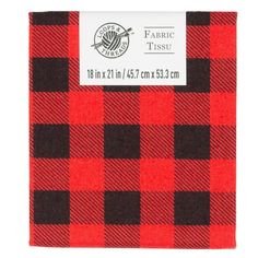 a red and black plaid fabric with a white tag on the bottom that says fabric tissue