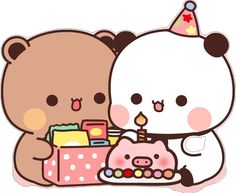 two brown teddy bears sitting next to each other with a birthday cake in front of them