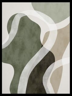 an abstract painting with white, green and grey colors on it's surface is shown