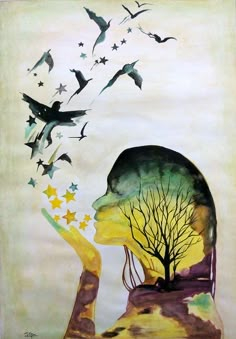 a painting with birds flying around it and a woman's head in the foreground