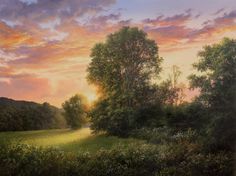 a painting of the sun setting over a field with trees and bushes in front of it