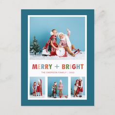 merry and bright holiday card with photos of two children in santas clothes on snow covered ground