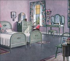 a drawing of a bedroom with pink walls and furniture, including a green bed frame