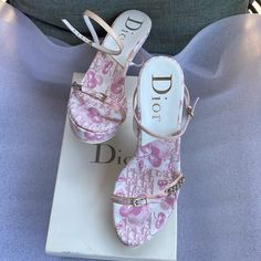 Christian Dior Girly Cherry Blossom Monogram Platform Sandals Pink Floral Monogram With Cherry Blossom Canvas Soles With Patent Leather Heels And Wrap Around Ankle Straps Silver Chain And Buckle Detail In Prestine Condition New With Box 100% Authentic Heel Height (In) 2.5" Pink And White Shoe, Dior Heels Vintage, Pink High Heels With Bow, Pink Dior Shoes, Dream Shoes Heels, Dior Kitten Heels, Vintage Dior Heels, Dolce And Gabbana Heels, Good Heels