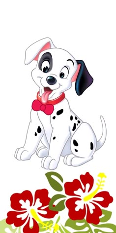 a cartoon dog sitting next to a flower on top of a white background with red and green flowers