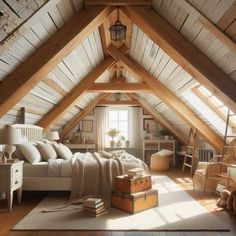 an attic bedroom with wooden floors and white walls, is furnished with natural wood accents