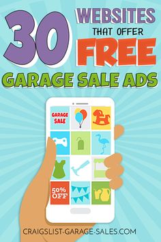 a hand holding an ipad with the text 30 website that offer garage sale ads