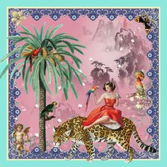 a woman in a red dress sitting on top of a leopard next to a palm tree