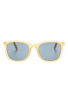 mustard yellow translucent design wayfarer frame blue tinted lenses rivet detailing branded straight arms curved tips nose pads These glasses come with a protective case. Sunglass Frames, Mustard Yellow, Protective Cases, Sunglasses Accessories, Lenses, Sunglasses, Yellow, Frame, Blue