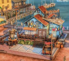 an artistic painting of a house on the pier with boats in the water behind it