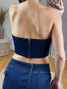 Faux Denim Indigo Structured Corset Crop Top ft. Silver Hardware back Zipper. Pair with our Thrifty Mini Skirt ! Maclaine is 5'7 wearing a size small. This does not have stretch. True to size but tighter fit on the bottom! Fitted Dark Wash Bottoms For Night Out, Fitted Denim Blue Cotton Tube Top, Fitted Zipper Closure Tube Top For Night Out, Fitted Tube Top With Zipper Closure For Night Out, Fitted Dark Wash Strapless Top, Dark Wash Fitted Strapless Top, Fitted Denim Bandeau Top, Fitted Denim Tube Top For Spring, Fitted Denim Top With Zipper Closure