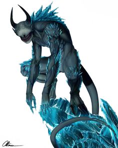 a creature with horns and blue feathers on it's head is standing in the air