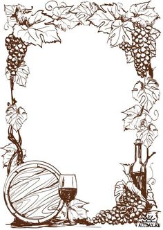 a wine glass and barrel sitting in front of a grape vine frame with grapes on it