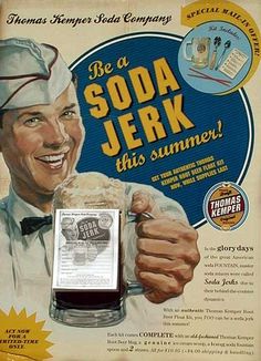 an advertisement for soda jerk featuring a smiling man holding up a cell phone in his right hand