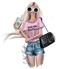 a drawing of a woman with sunglasses holding a cell phone and a book in her hand