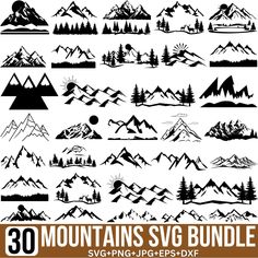 the mountain svg bundle includes mountains, pine trees and other types of silhouettes