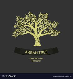 the logo for an argan tree product on a dark background with a black ribbon