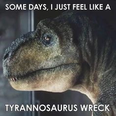 a close up of a dinosaur with the caption some days, i just feel like a tyransaurusus wreck