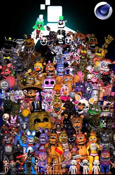 a large group of cartoon characters all grouped together