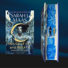 a book with an angel on it next to a blue and white book cover that reads house of sky and breath