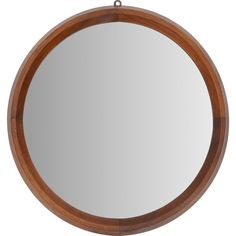 a round wooden mirror hanging on a chain