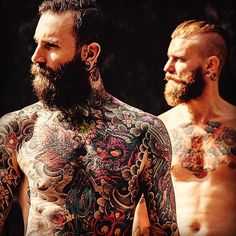 A pair of great-looking full beards !! thick bushy mustache mustaches bearding beard bearded man men shirtless tattoos tattooed chest full body art handsome #beardsforever Men With Tattoos, Tatto Boys, Tattooed Man, Tatted Men, Der Gentleman, Full Beard, Beard Tattoo, Beard Styles For Men