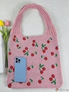 Bird in Bag - Stylish Cherry Pattern Knitted Tote Bag: Trendy Single Shoulder Beach Bag, Exquisitely Crafted Crochet Woven Handbag for Women Trendy Knitted Vacation Shoulder Bag, Trendy Knitted Shoulder Bag For Vacation, Trendy Knitted Beach Bag, Trendy Knitted Shoulder Bag For Beach, Summer Knitted Shoulder Bag For Daily Use, Knitted Shoulder Bag For Daily Summer Use, Casual Knitted Beach Bag For Vacation, Knitted Tote Beach Bag For Vacation, Summer Knitted Shopping Bags