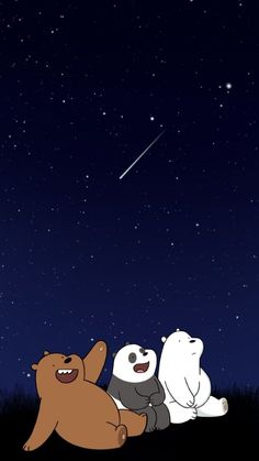 three bears are sitting in the grass at night with stars above them and one bear is looking up to the sky