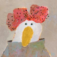 a painting of a white bird with red hair and polka dots on it's head