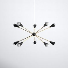 a black and white chandelier hanging from a metal rod with eight lights on it