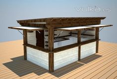 an image of a small food stand on a wooden floor with white walls and windows