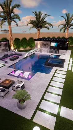 a large backyard with a pool and seating area