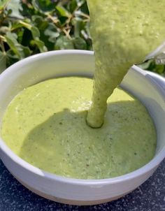 a person dipping something into a bowl with a green dipper in it's hand