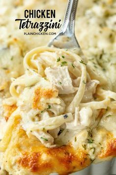 chicken tetrazzini is being held up with a fork