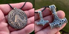 two pictures of the same pendant being held in someone's hand