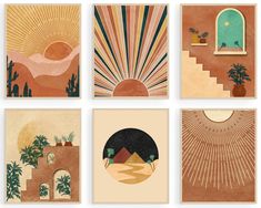 six art prints featuring desert scenes and palm trees, with the sun shining over them